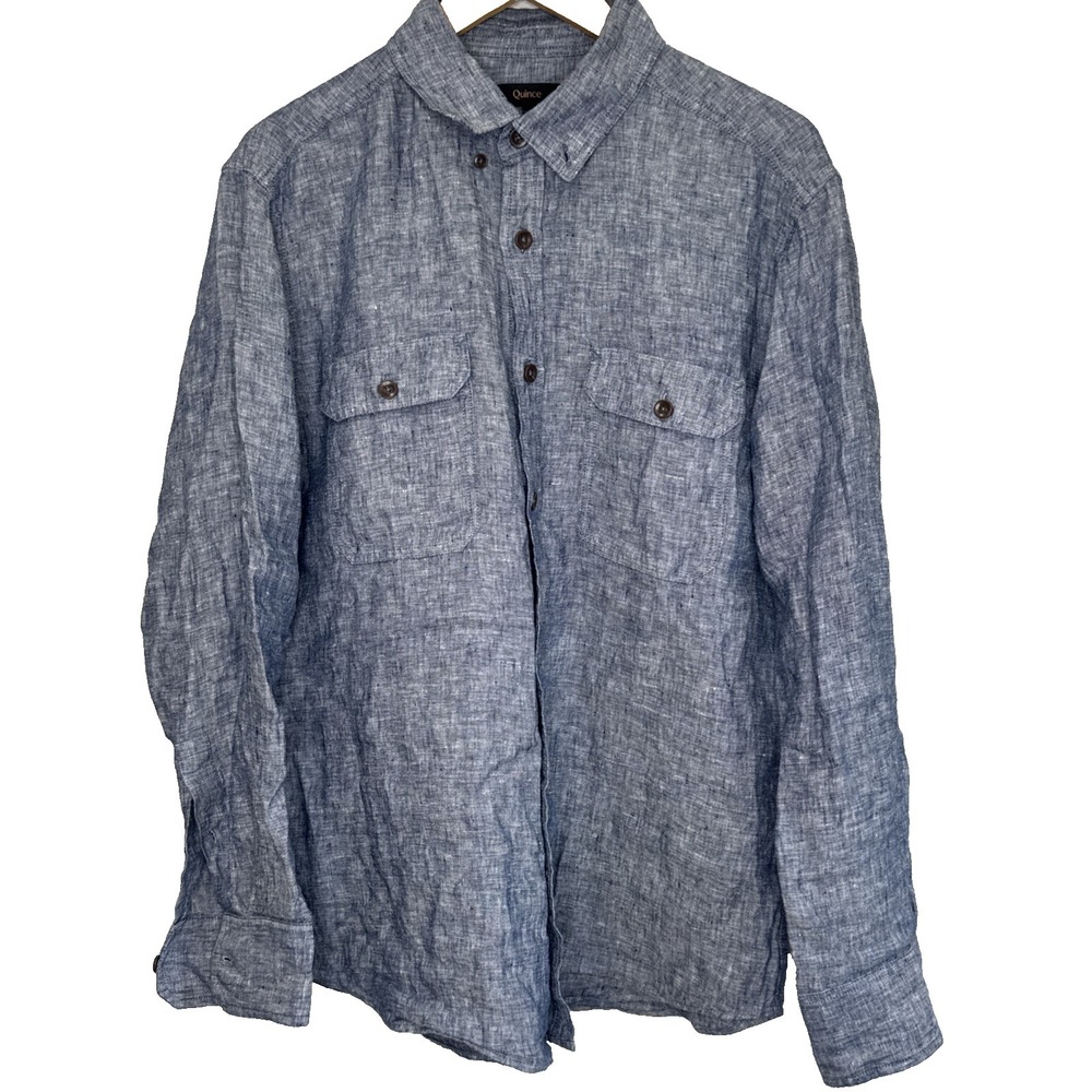 Quince Men's Blue 100% European Linen Utility Casual Button Down Shirt Size L